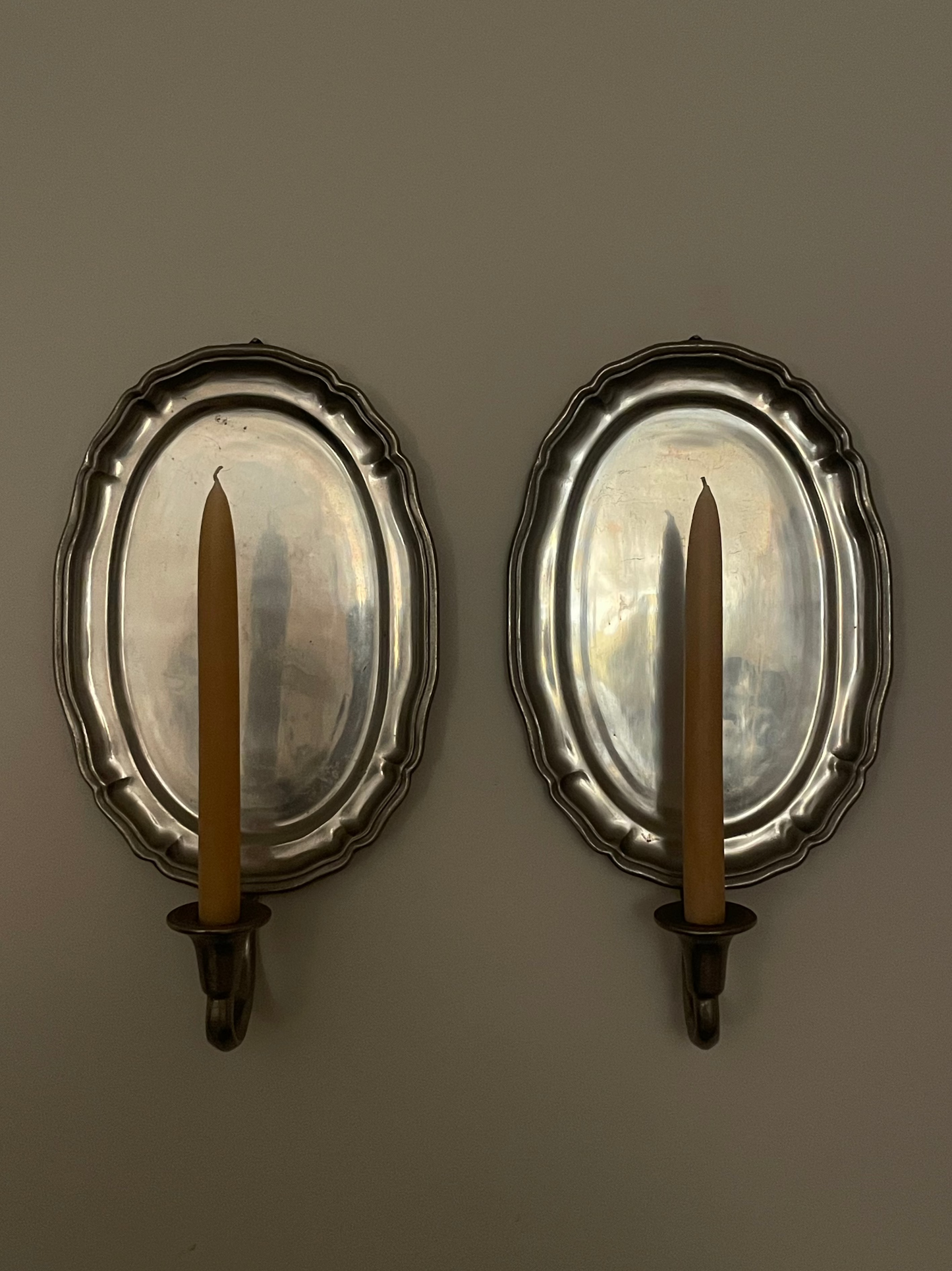 Vintage Oval Pewter Wall Sconces